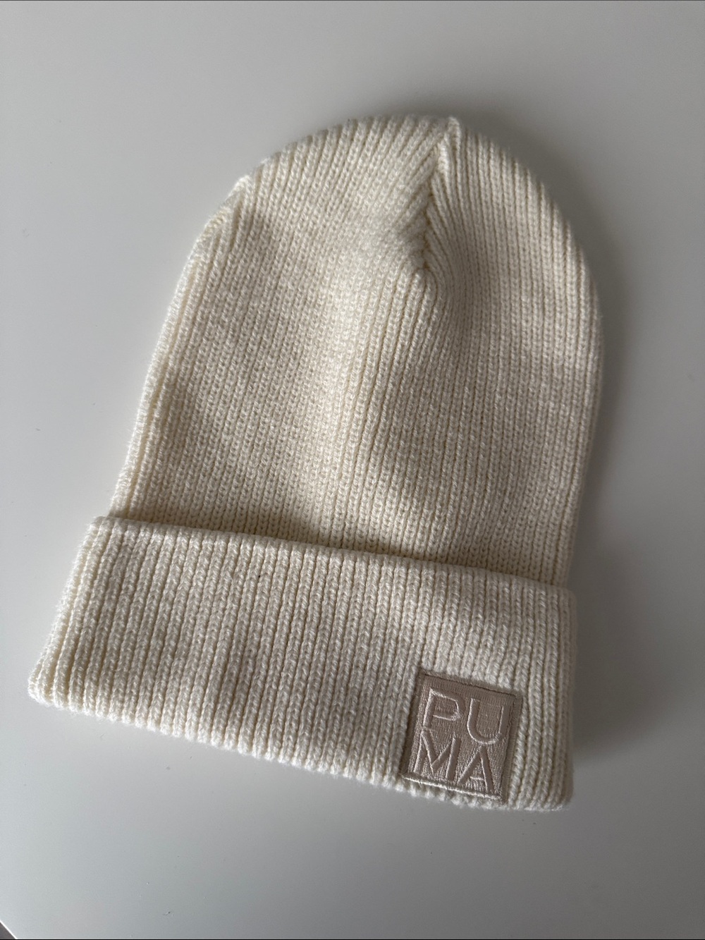 Puma Cream Ribbed Knit Beanie with Logo Patch